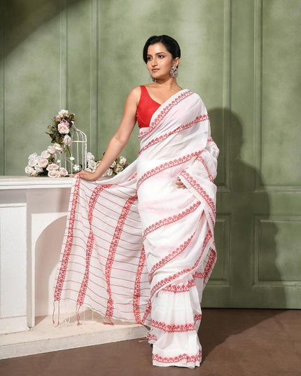dB DESH BIDESH Women`s Cotton Saree For Woman Red White Diamond Grid Woven Pure Cotton Soft Tant Saree Traditional Bengal Border & Tassels With Blouse Piece