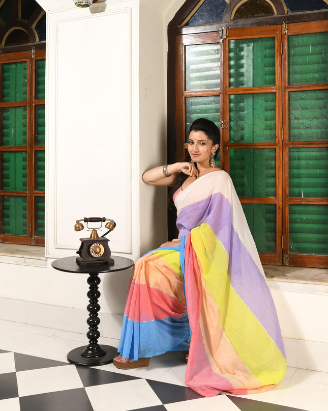 dB DESH BIDESH Women`s Mul Cotton Sarees Soft Zari Fancy Candy Latest, Design Party, Wear Cotton New Linen Saree For Woman With Blouse Piece (WHITE PURLPE YELLOW BLUE)
