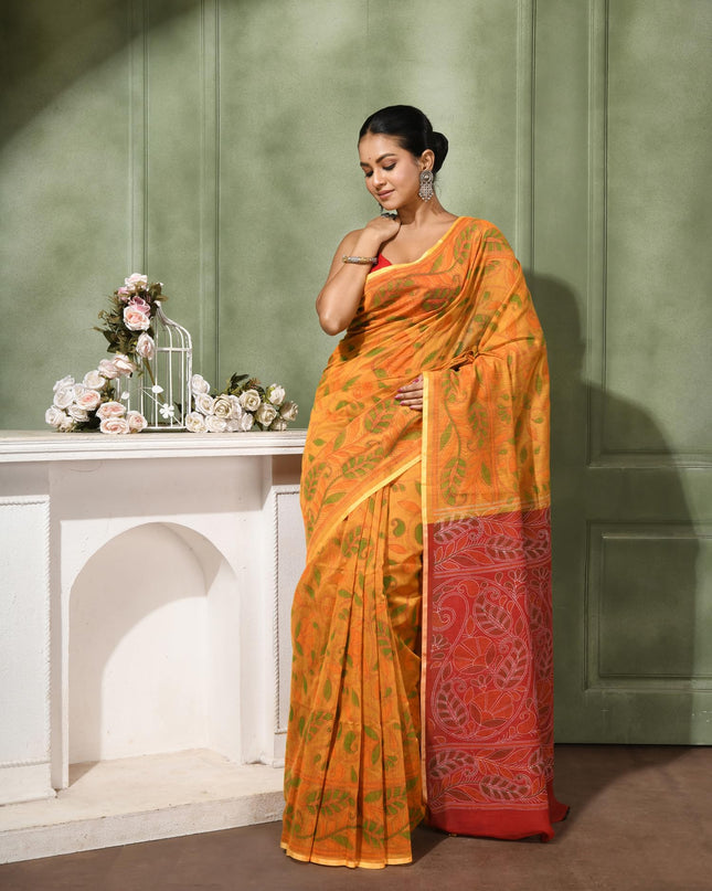 dB DESH BIDESH Women`s Cotton Saree For Woman Nakshakata Leaf kolka Embroidery Printed Trendy Soft Cotton Silk Women Sarees with Blouse Piece (YELLOW RED)