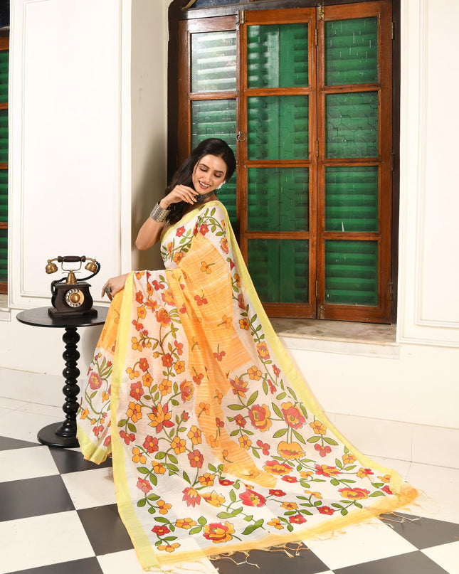 dB DESH BIDESH Women`s Cotton Saree For Woman Latest, Phoolbagan Printed Trendy Soft Cotton Silk Women Sarees with Blouse Piece (Yellow White)
