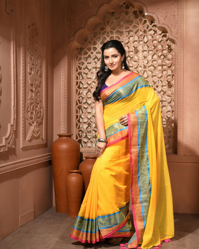 dB DESH BIDESH Women's Kanjivaram Soft Cotton Linen Silk Saree Rajrani Design Latest, Fancy South India Style Saree With Blouse Piece (Yellow Saree)