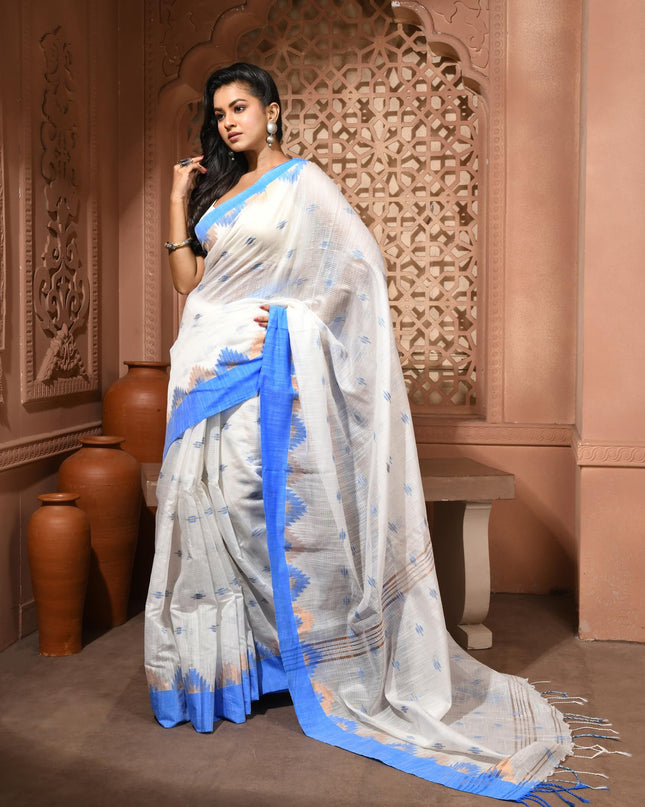 dB DESH BIDESH Women`s Cotton Silk Saree For Woman Pahar Pallav Design New Soft Kalyani Cotton Saree with Zari Border Tassels & Blouse Piece (White Blue)