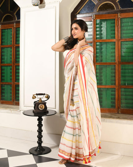 dB DESH BIDESH Women`s Cotton Linen Sarees for Woman Zari Trending New Cotton Swarnarekha Design Party, Wear White saree for woman Without Blouse Piece