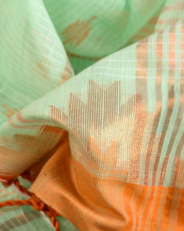 dB DESH BIDESH Women`s Cotton Silk Saree For Woman Pahar Pallav Design New Soft Kalyani Cotton Saree with Zari Border Tassels & Blouse Piece (Soft Green Golden)