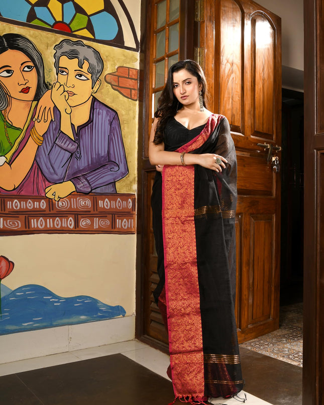 dB DESH BIDESH Women's Soft Cotton Linen Saree For Woman Kolkamoyee Trendy festival Silk Saree For Wedding Banarasi Style Pallu Sari With Blouse Piece (Black)
