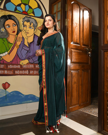 dB DESH BIDESH Women`s Mul Cotton Sarees Soft Zari Fancy Roshni Latest, Design Party, Wear Cotton Silk Saree For Woman With Blouse Piece (Green Golden)