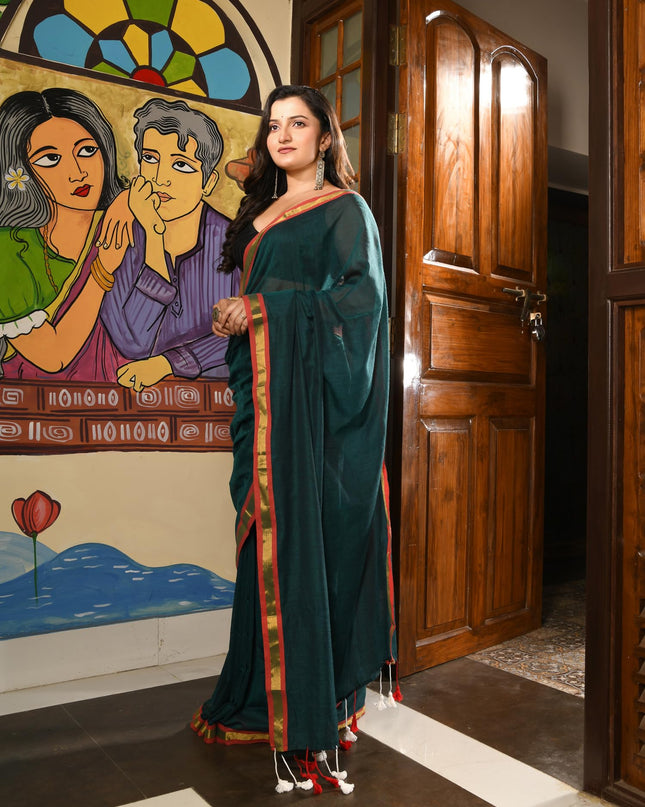 dB DESH BIDESH Women`s Mul Cotton Sarees Soft Zari Fancy Roshni Latest, Design Party, Wear Cotton Silk Saree For Woman With Blouse Piece (Green Golden)