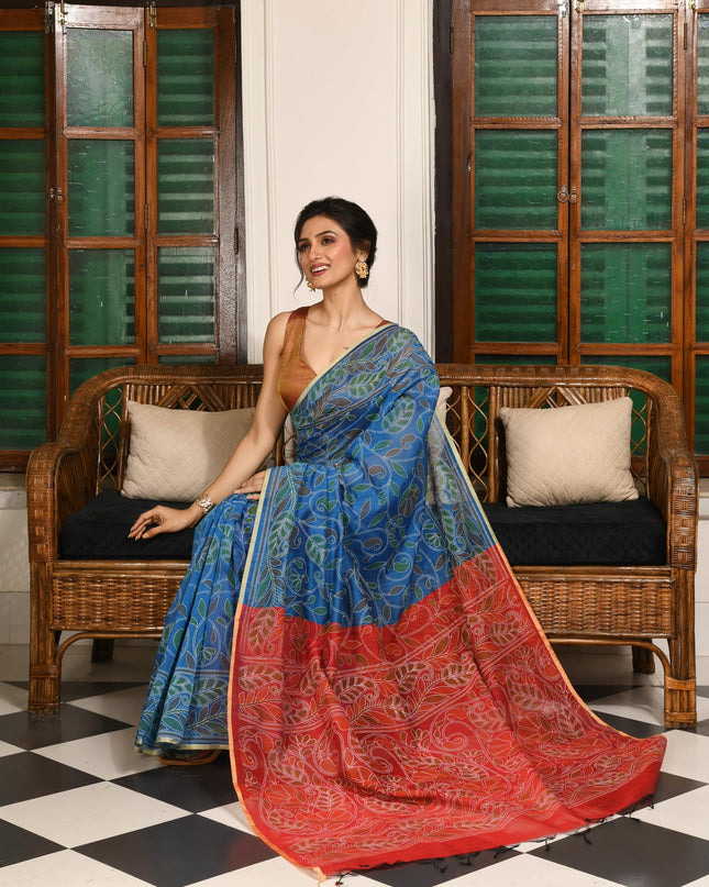dB DESH BIDESH Women`s Cotton Saree For Woman Nakshakata Flower Kolka Leaf Embroidery Printed Trendy Soft Cotton Silk Women Sarees with Blouse Piece (Blue Red)