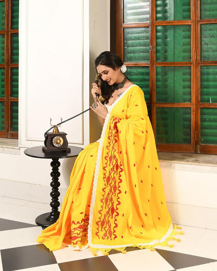 dB DESH BIDESH Women`s Cotton Saree For Woman Pallavika Embroidery Saree Design Soft Cotton Silk Fancy Lace Border Saree with Blouse