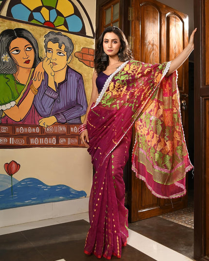 dB DESH BIDESH Women's Cotton Silk Soft Jamdani Saree Fancy Lace Border Jamdani Sarees For Women Without Blouse Piece