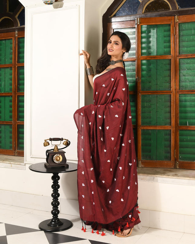 dB DESH BIDESH Women`s Cotton Sarees For Women Office Wear HeartBeat Embroidery Saree Design Soft Cotton Silk Saree With Blouse Piece (Wine)