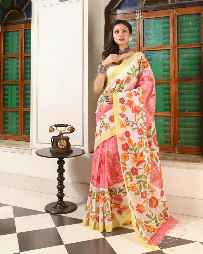 dB DESH BIDESH Women`s Cotton Saree For Woman Latest, Phoolbagan Printed Trendy Soft Cotton Silk Women Sarees with Blouse Piece (Red White)
