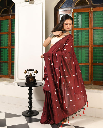 dB DESH BIDESH Women`s Cotton Sarees For Women Office Wear HeartBeat Embroidery Saree Design Soft Cotton Silk Saree With Blouse Piece (Wine)