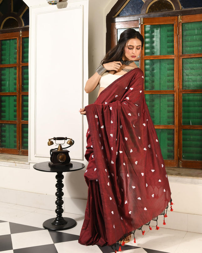 dB DESH BIDESH Women`s Cotton Sarees For Women Office Wear HeartBeat Embroidery Saree Design Soft Cotton Silk Saree With Blouse Piece (Wine)