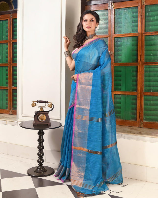 dB DESH BIDESH Women`s Cotton Silk ajrakh Saree with Gold Zari Border RoopZari Trendy Cotton Soft Silk Saree | Saree for Woman (Peacock Blue)