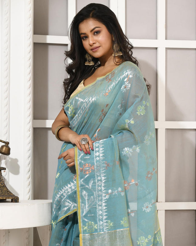 dB DESH BIDESH Women's Soft Cotton Silk Jamdani Sarees For Women for Party, Wear Linen Silk Saree Zarikatha Design Cotton saree for woman Without Blouse piece (Firoza)