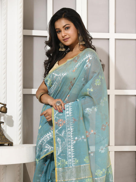 dB DESH BIDESH Women's Soft Cotton Silk Jamdani Sarees For Women for Party, Wear Linen Silk Saree Zarikatha Design Cotton saree for woman Without Blouse piece (Firoza)