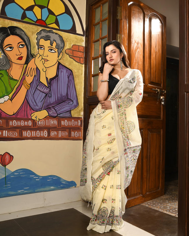 dB DESH BIDESH Women`s Cotton Saree for Woman | Saree for Woman Cotton Blend Tribal Mandala Printed Traditional Sari for Farewell Office Daily Wear with Blouse Piece (Off White)