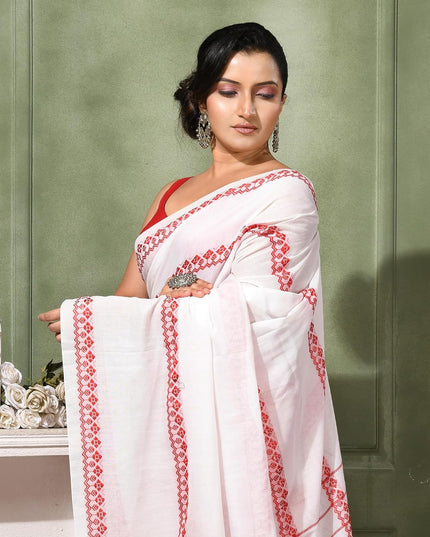 dB DESH BIDESH Women`s Cotton Saree For Woman Red White Diamond Grid Woven Pure Cotton Soft Tant Saree Traditional Bengal Border & Tassels With Blouse Piece