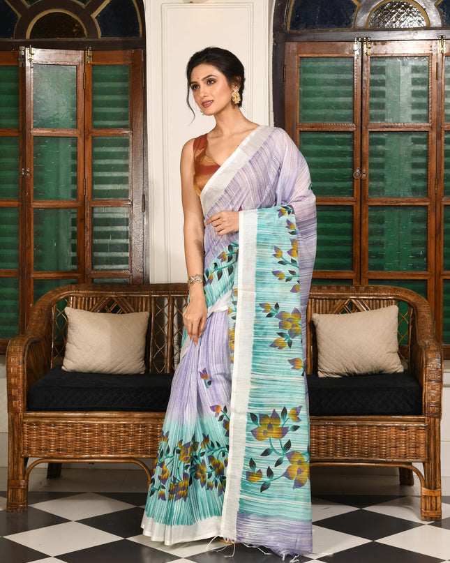 dB DESH BIDESH Women`s Cotton Saree For Woman Latest, Phoolbagan Printed Trendy Soft Cotton Silk Women Sarees with Blouse Piece (Mint Green Lavender)
