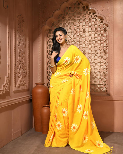 dB DESH BIDESH Women`s Mul Cotton Sarees Soft Fancy Phoolpari Latest, Design Party, Wear Cotton New Linen Saree For Woman With Blouse Piece (Yellow)