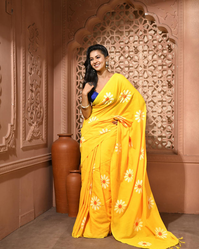 dB DESH BIDESH Women`s Mul Cotton Sarees Soft Fancy Phoolpari Latest, Design Party, Wear Cotton New Linen Saree For Woman With Blouse Piece (Yellow)