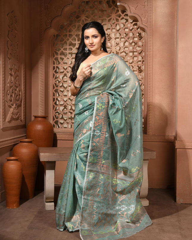 dB DESH BIDESH Women's Soft Cotton Silk Jamdani Sarees For Women for Party, Wear Linen Silk Saree Zarikatha Design Cotton saree for woman Without Blouse piece (Dark Firoza)