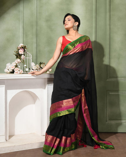 dB DESH BIDESH Women's Kanjivaram Soft Cotton Linen Silk Saree Rajrani Design Latest, Fancy South India Style Saree With Blouse Piece (Black Saree)