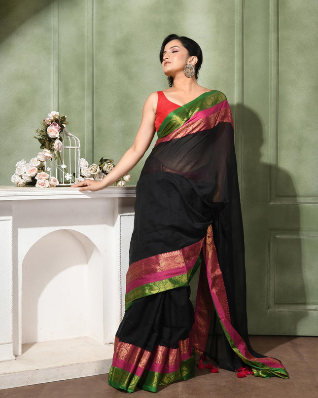 dB DESH BIDESH Women's Kanjivaram Soft Cotton Linen Silk Saree Rajrani Design Latest, Fancy South India Style Saree With Blouse Piece (Black Saree)