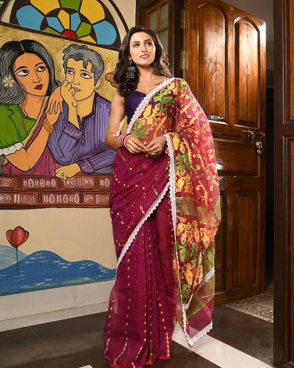 dB DESH BIDESH Women's Cotton Silk Soft Jamdani Saree Fancy Lace Border Jamdani Sarees For Women Without Blouse Piece