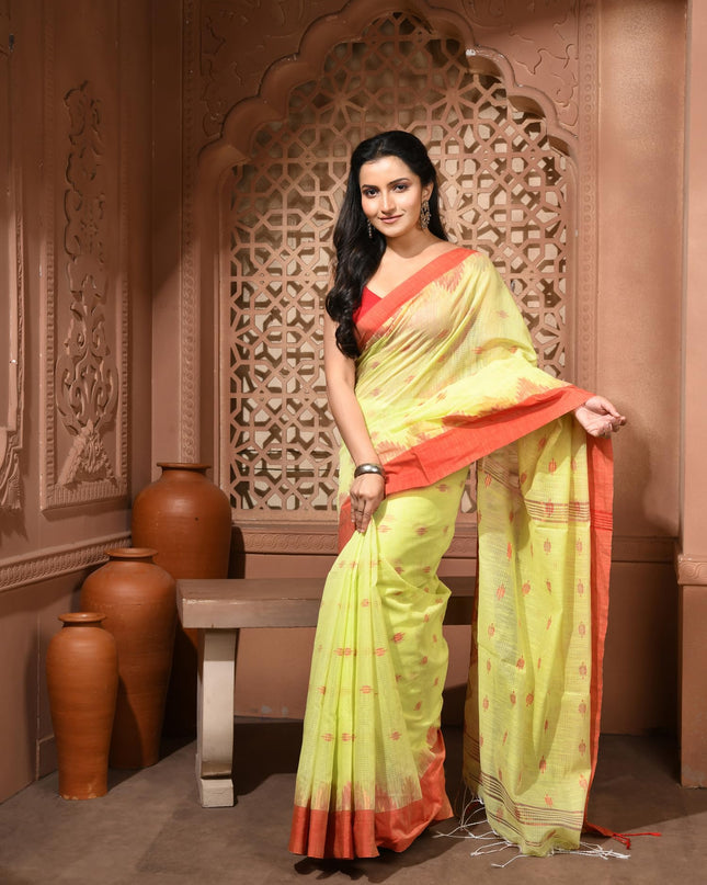 dB DESH BIDESH Women`s Cotton Silk Saree For Woman Pahar Pallav Design New Soft Kalyani Cotton Saree with Zari Border Tassels & Blouse Piece (Yellow Red)