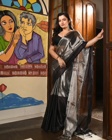 dB DESH BIDESH Women`s Silk Party, Wear Saree for woman latest, design Zarina Fancy Style Cotton linen sarees Copper Zari With Blouse Piece | Women Saree (Black Saree)