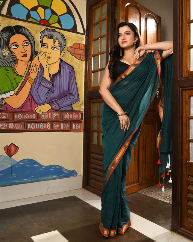 dB DESH BIDESH Women`s Mul Cotton Sarees Soft Zari Fancy Roshni Latest, Design Party, Wear Cotton Silk Saree For Woman With Blouse Piece (Green Golden)