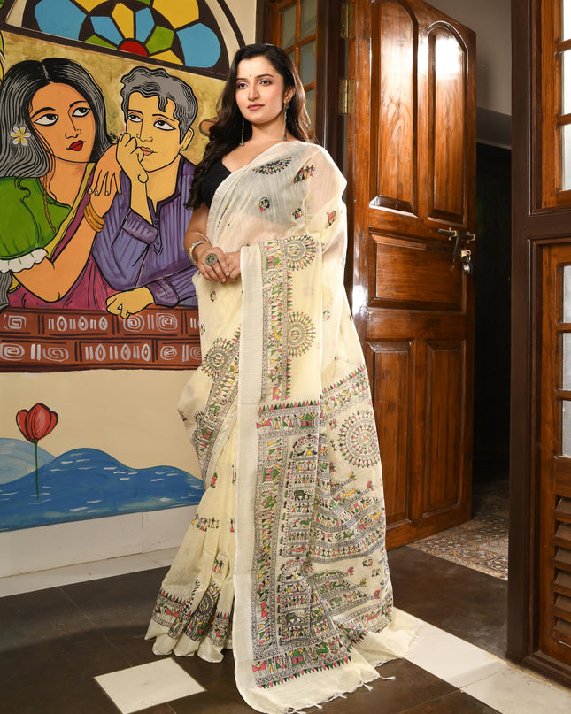 dB DESH BIDESH Women`s Cotton Saree for Woman | Saree for Woman Cotton Blend Tribal Mandala Printed Traditional Sari for Farewell Office Daily Wear with Blouse Piece (Off White)