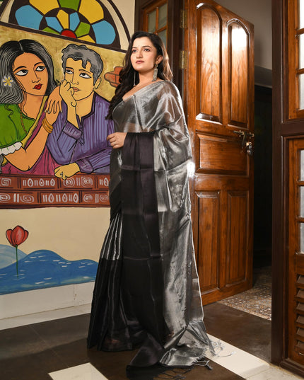dB DESH BIDESH Women`s Silk Party, Wear Saree for woman latest, design Zarina Fancy Style Cotton linen sarees Copper Zari With Blouse Piece | Women Saree (Black Saree)