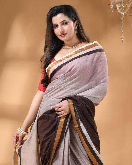 dB DESH BIDESH Women`s Mul Cotton Sarees Soft Zari Fancy Roshni Latest, Design Party, Wear Cotton Silk Saree For Woman With Blouse Piece (Grey Brown Golden)