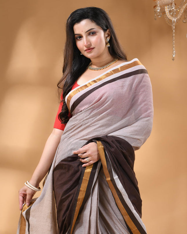 dB DESH BIDESH Women`s Mul Cotton Sarees Soft Zari Fancy Roshni Latest, Design Party, Wear Cotton Silk Saree For Woman With Blouse Piece (Grey Brown Golden)