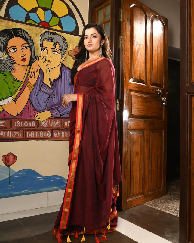 dB DESH BIDESH Women`s Mul Cotton Sarees Soft Zari Fancy Roshni Latest, Design Party, Wear Cotton Silk Saree For Woman With Blouse Piece (Canberry Red Golden)