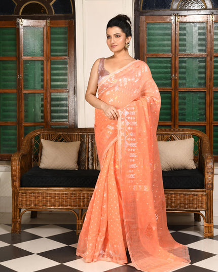 dB DESH BIDESH Women's Soft Cotton Silk Jamdani Sarees For Women for Party Festival Wedding Silk Saree GlamQueen Gold Work Design Without Blouse piece (Peach Orange)