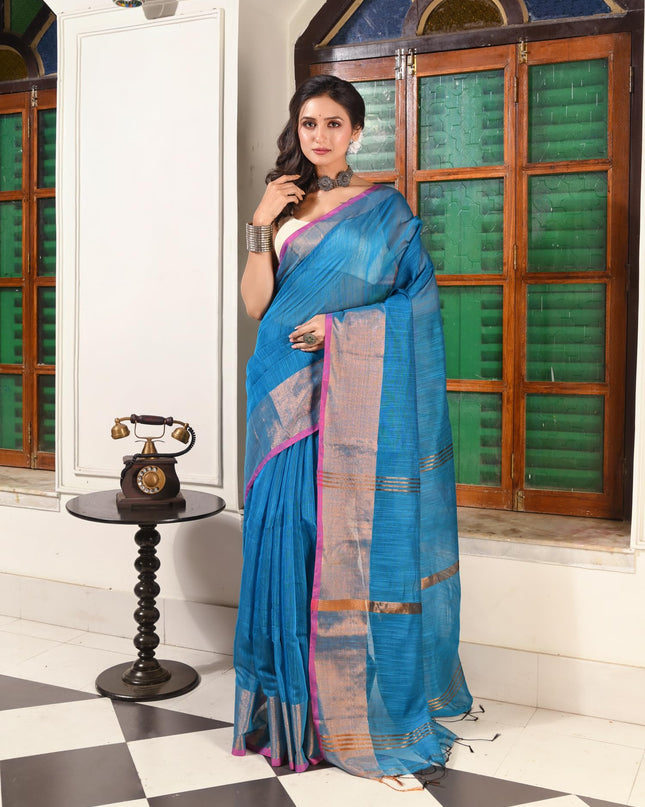dB DESH BIDESH Women`s Cotton Silk ajrakh Saree with Gold Zari Border RoopZari Trendy Cotton Soft Silk Saree | Saree for Woman (Peacock Blue)