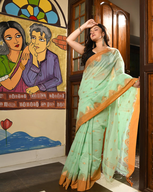 dB DESH BIDESH Women`s Cotton Silk Saree For Woman Pahar Pallav Design New Soft Kalyani Cotton Saree with Zari Border Tassels & Blouse Piece (Soft Green Golden)