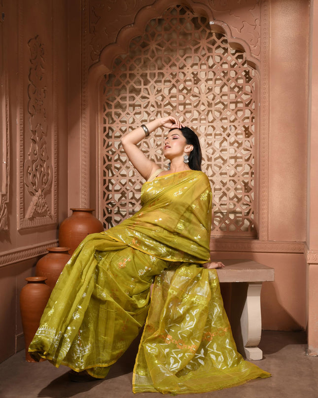 dB DESH BIDESH Women's Soft Cotton Silk Jamdani Sarees For Women for Party, Wear Linen Silk Saree Zarikatha Design Cotton saree for woman Without Blouse piece (Olive)