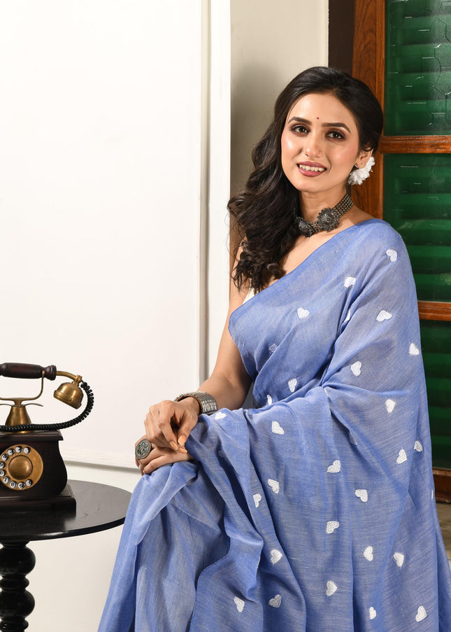 dB DESH BIDESH Women`s Cotton Sarees For Women Office Wear HeartBeat Embroidery Saree Design Soft Cotton Silk Saree With Blouse Piece (Blue)