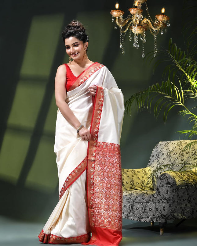 dB DESH BIDESH Women`s kanjivaram silk latest, Sinduraah design saree party, wear fancy banarasi Art silk saree wedding, function trending New silk saree farewell festival White red saree for women