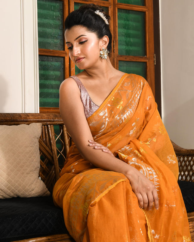 dB DESH BIDESH Women's Soft Cotton Silk Jamdani Sarees For Women for Party, Wear Linen Silk Saree Zarikatha Design Cotton saree for woman Without Blouse piece (Orange)