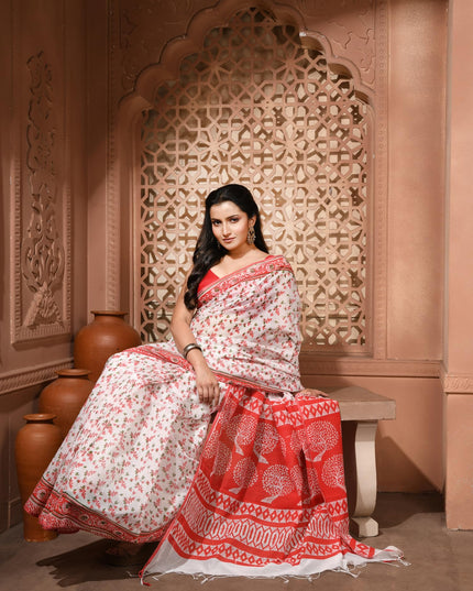 dB DESH BIDESH Women`s Cotton Saree for Woman | Saree for Woman Cotton Blend Kalpataru Printed Traditional Sari for Farewell Office Daily Wear with Blouse Piece (White Red)