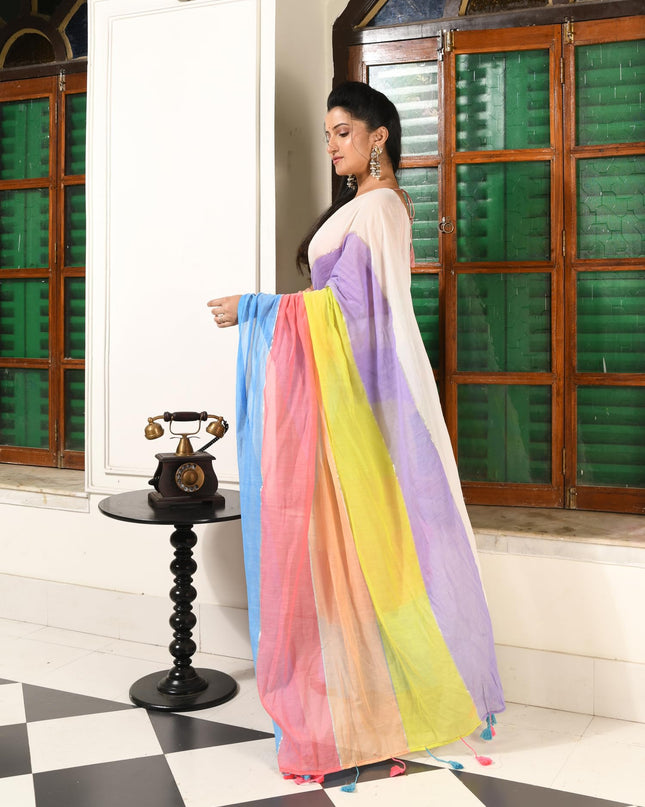 dB DESH BIDESH Women`s Mul Cotton Sarees Soft Zari Fancy Candy Latest, Design Party, Wear Cotton New Linen Saree For Woman With Blouse Piece (WHITE PURLPE YELLOW BLUE)