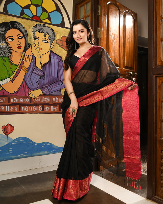 dB DESH BIDESH Women's Soft Cotton Linen Saree For Woman Kolkamoyee Trendy festival Silk Saree For Wedding Banarasi Style Pallu Sari With Blouse Piece (Black)