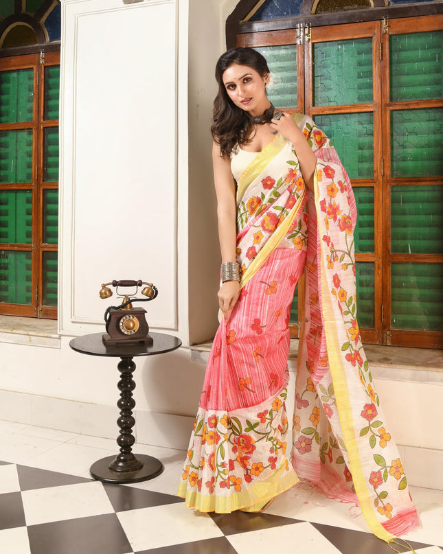 dB DESH BIDESH Women`s Cotton Saree For Woman Latest, Phoolbagan Printed Trendy Soft Cotton Silk Women Sarees with Blouse Piece (Red White)