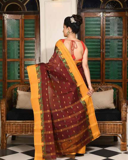 dB DESH BIDESH Women Cotton Sarees for Women Royal Patralika Design Handloom Tant Saree Daily Wear Traditional Bengali Cotton Saree Without Blouse Piece